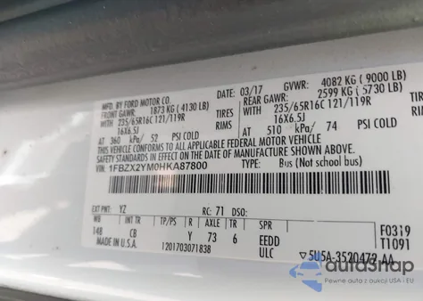 2017 Ford Transit-350 Xlt from USA, damaged, VIN 1FBZX2YM0HKA87800